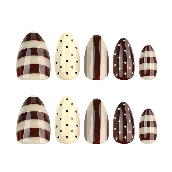 Brown Plaid Polka Dot Almond Press On Nails high quality